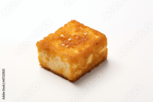 a piece of fried tofu on a white background