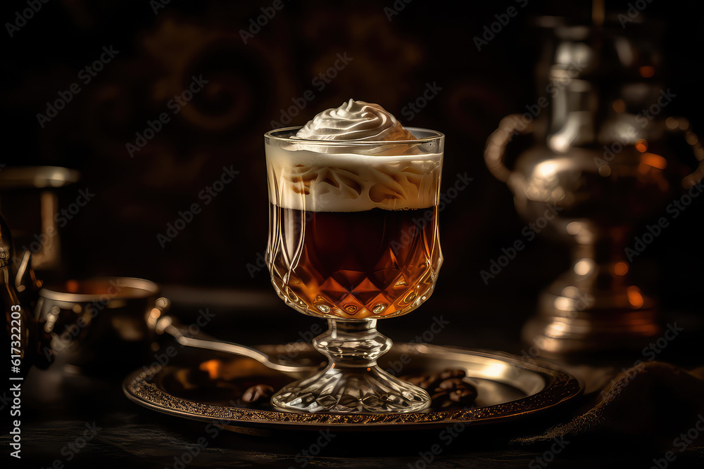 photo of Irish Coffee: A combination of hot whisky, coffee, sugar, and cream photo of Irish Coffee: A combination of hot whisky, coffee, sugar, and cream
