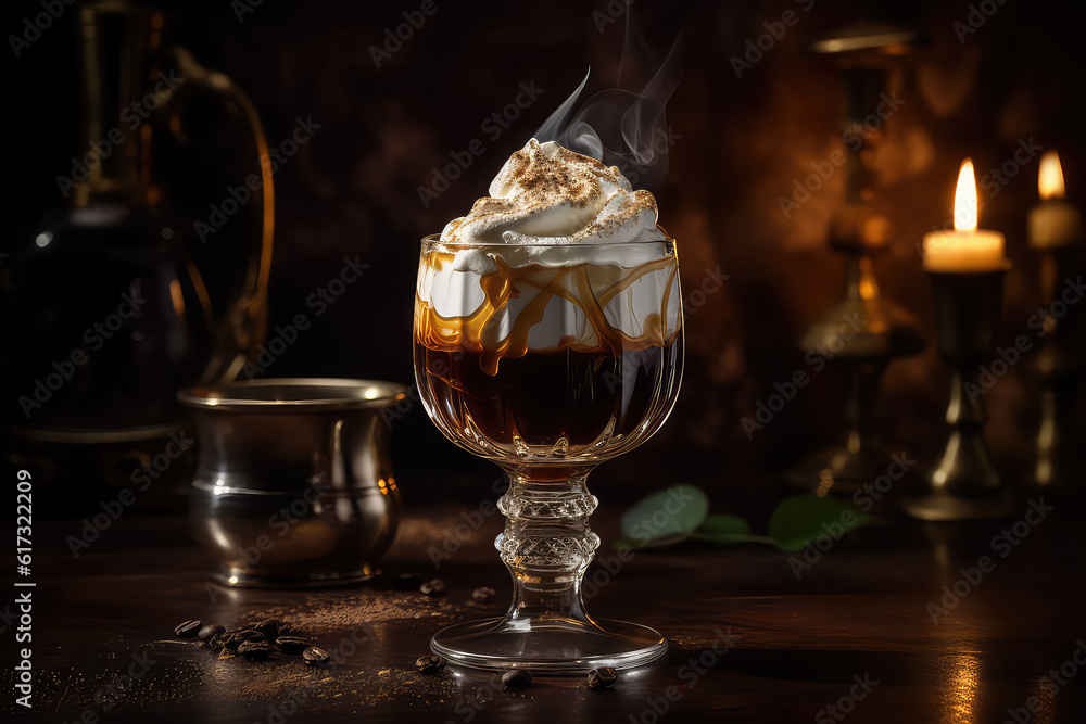 photo of Irish Coffee: A combination of hot whisky, coffee, sugar, and cream photo of Irish Coffee: A combination of hot whisky, coffee, sugar, and cream