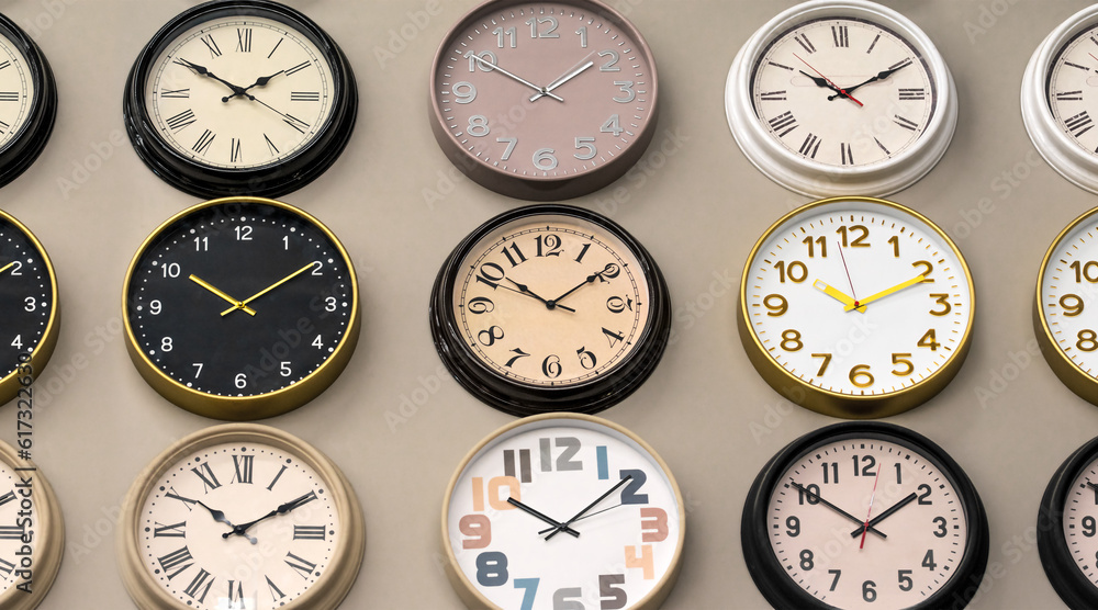 Collection of different clocks on the wall. Analog vintage clocks, electronic and mechanical watch faces with numbers and clock hands. Classic watch accessories. Collection of different clocks on the wall. Analog vintage clocks, electronic and mechanical watch faces with numbers and clock hands. Classic watch accessories.