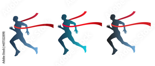 Set of silhouettes of a man and a woman running with a red finish ribbon. The winners came first.