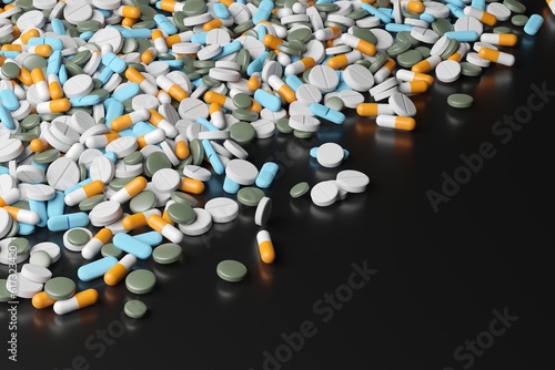 Different medicines on surface. Assorted pharmaceutical pills