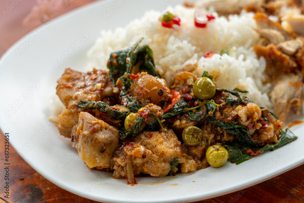 Different thai street food on sale at one of the markets at Chiang Mai, Thailand. Selective focus