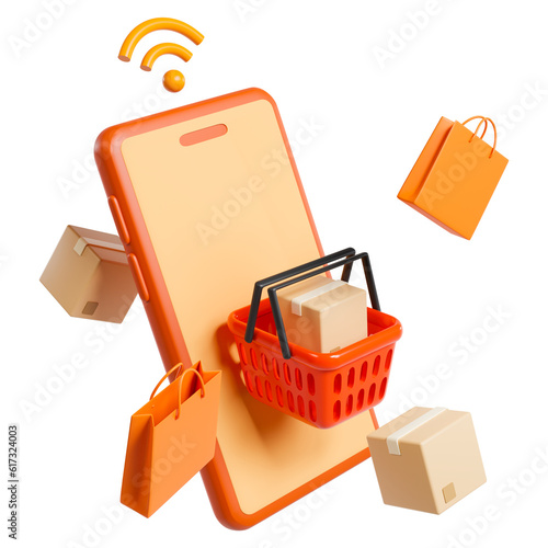 Red shopping baskets and parcel box float in the air above a smartphone for online shopping concept design.
