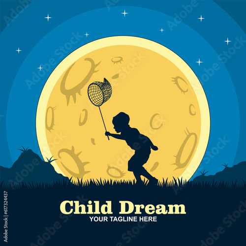 Vector logo in which an abstract image of a child on a background of stars holding a balloon with the moon and stars.