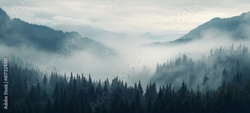 Amazing mystical rising fog forest trees mountain peak landscape panorama banner - Valley view of mountains (Generative Ai)