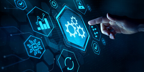 Automation for business process workflow optimization and production efficiency improvement. Robotic process automation and business process management. AI technology, innovation, data analytics.