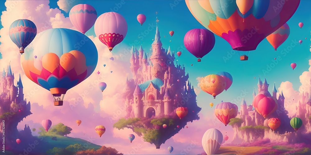 Naklejka premium Fantastic colorful bright castles and balloons.