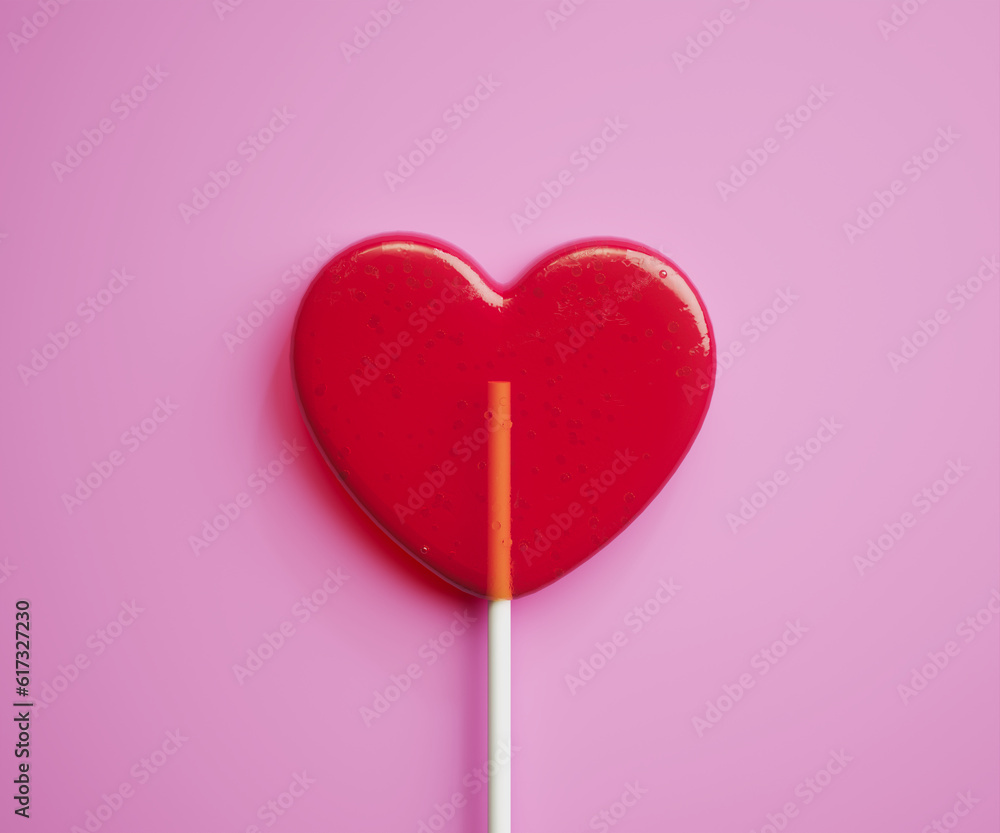 Red heart-shaped lollipop. Candy on pink background. Sweet Valentine's Day gift