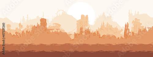 Pixel art post-apocalyptic background. Seamless game background with parallax. 5 layers. Resolution 480x180