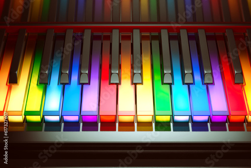 Image of the colorful piano keyboard. Cheerful multi color piano keys.