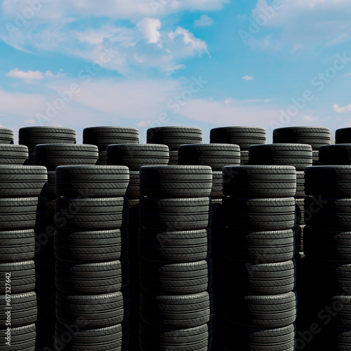 Stacks of car wheels. Black rubber tires. Tire store. Wheels changing.