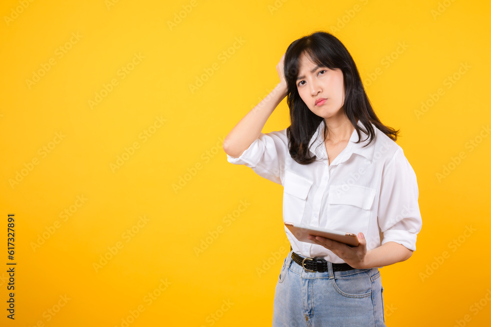 Doubtful Asian young adult business woman working on digital tablet and looking away thinking of solution isolated on yellow background, considering offer, making decision or feeling doubt concept. Doubtful Asian young adult business woman working on digital tablet and looking away thinking of solution isolated on yellow background, considering offer, making decision or feeling doubt concept.