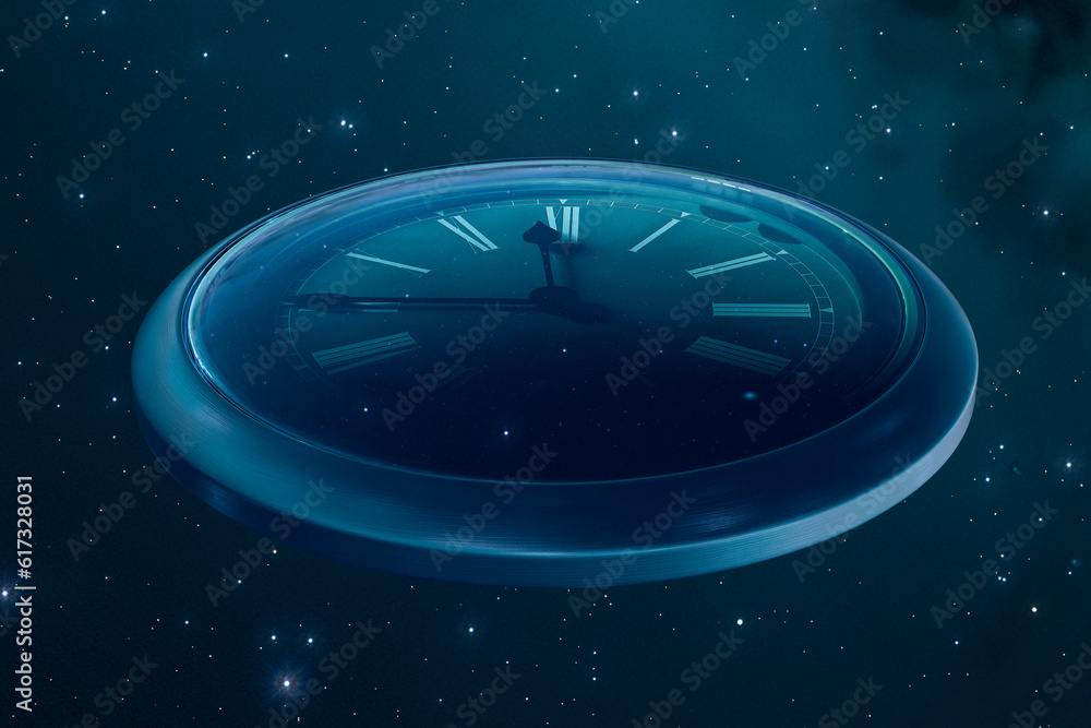 Giant clock measuring the passage of time in a vast, dark empty cosmos space.