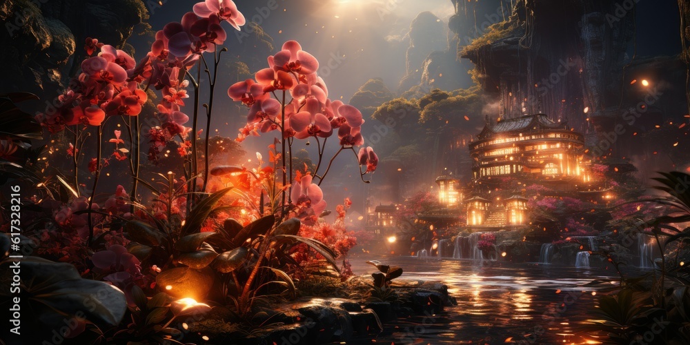 ancient tree embraces a single orchid, their symbiotic relationship a