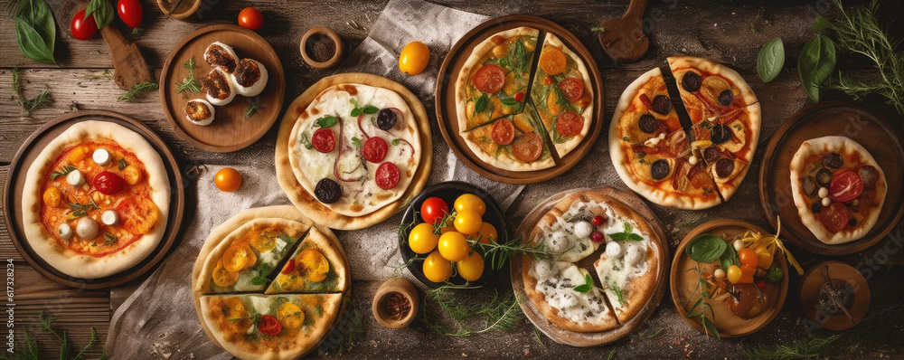 Homemade pizza with , tomatoes ,basil and corn served on a wooden board.  generative ai