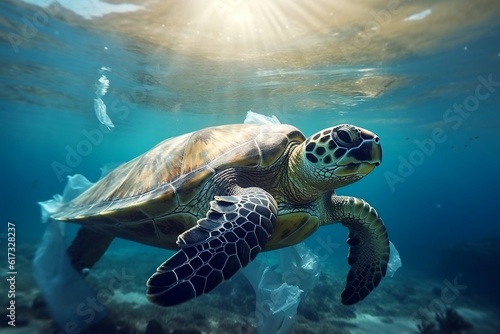 Sea Turtle Swimming Amidst Plastic Bags: Environmental Concerns. AI © Usmanify