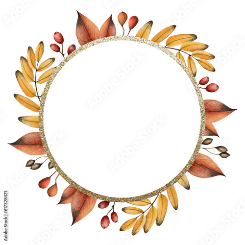 Yellow orange fall leaves round watercolor isolated on white background with gold border. Autumn wreath with red berries template for forest designs