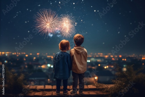 Joyful Moments Two Children, Boy and Girl Mesmerized by Fireworks. AI