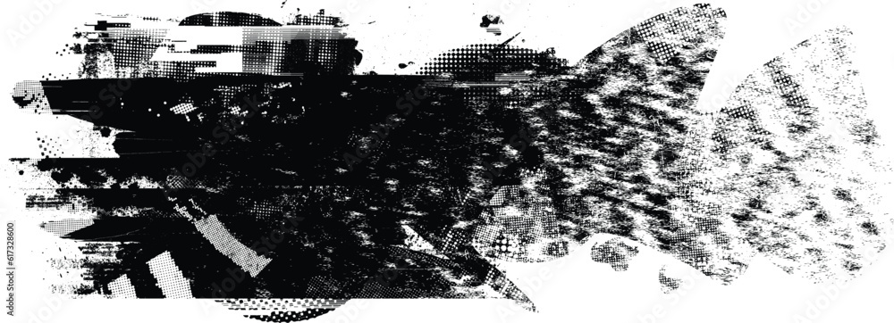 Naklejka premium Glitch distorted grunge layer . Noise destroyed texture . Trendy defect error shapes . Overlay grunge texture . Distressed effect .Vector shapes with a halftone dots screen print texture.