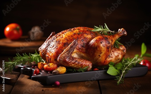 Roasted turkey with Christmas dinner vegetables on a plate. Perfect for Thanksgiving.