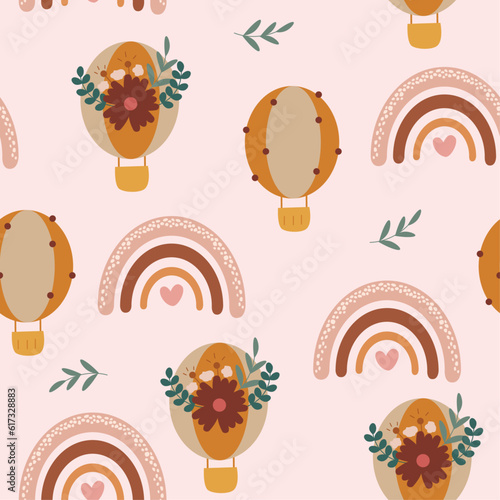 Seamless pattern bohemian with elements. Scandinavian rainbows, hot air balloons, flowers for textile, wrapping paper, fabric, print design, wallpaper, greeting, decoration, package, texture. Vector