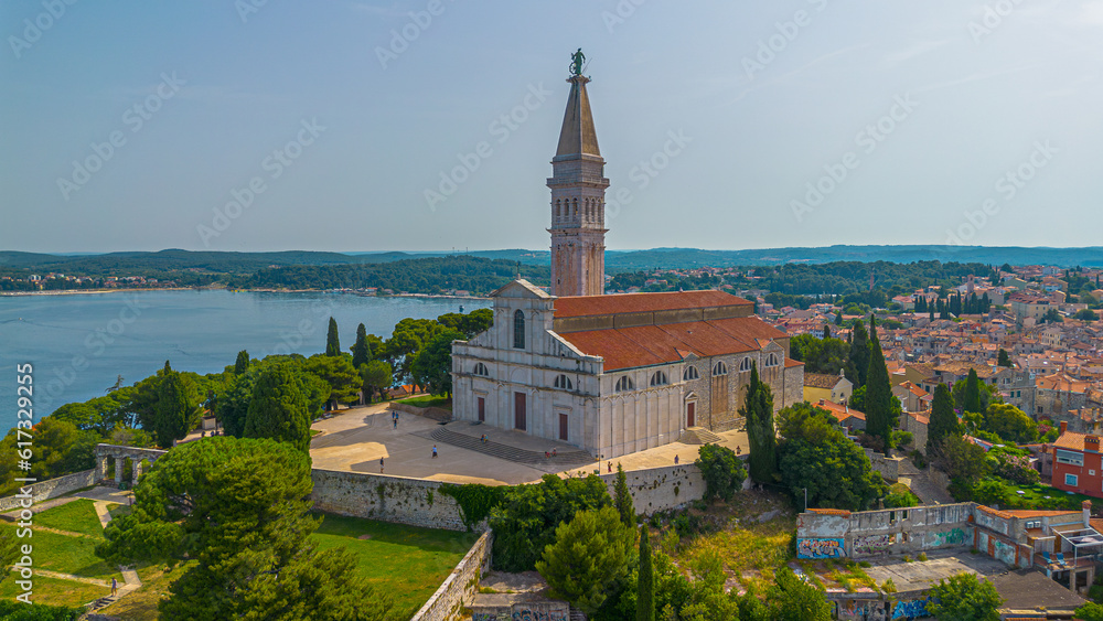 Aerial view of St. Euphemia church in old town Rovinj, Istria, Croatia.