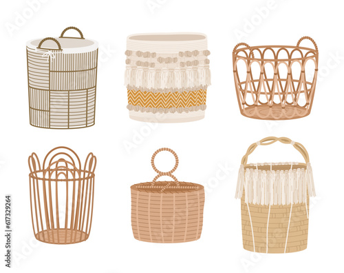 Set of wooden baskets. Elements of decor and interior for apartment and home. Comfort and coziness, aesthetics and elegance. Cartoon flat vector collection isolated on white background