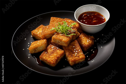 Photo of healthy food fried tofu on a plate with sauce, black background.generative ai