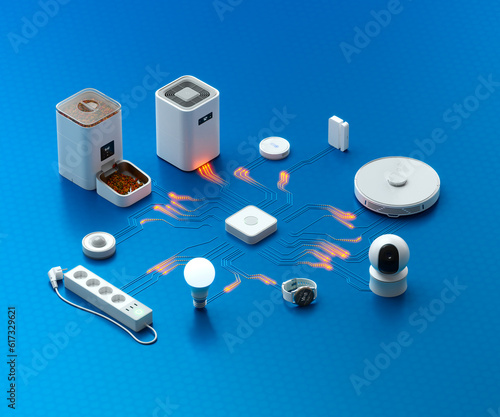 Smart home devices connected to the hub by circuit board electrical pathways