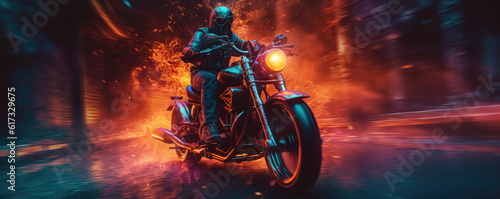 motorbiker staying on burning motorcycle, generative ai