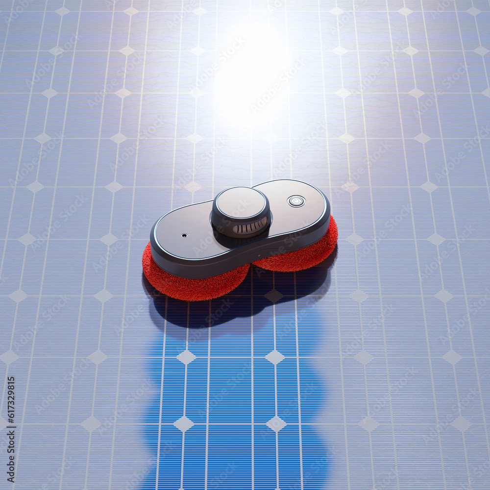 Automatic robot cleaning the surface of solar photovoltaic panels.