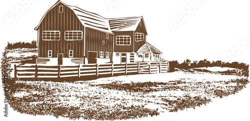 Countryside landscape illustration drawing in woodcut style with farm house on transparent background vector