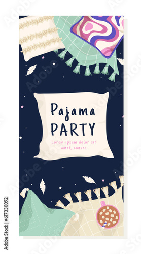 Pajama party postcard template. Party and entertainment, leisure. Multicolored pillows with feathers on background of starry sky. Rest and relax, dream. Cartoon flat vector illustration