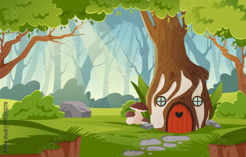Fairy tale house landscape concept. Imagination and fantasy, witchcraft and magic, sorcery. Beautiful natural panorama with door in tree at forest. Cartoon flat vector illustration