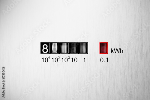 Close-up view of electrometer measuring electricity consumption. kWh counter. photo