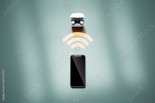 3D rendering of a smartphone wirelessly communicating with an earbuds.