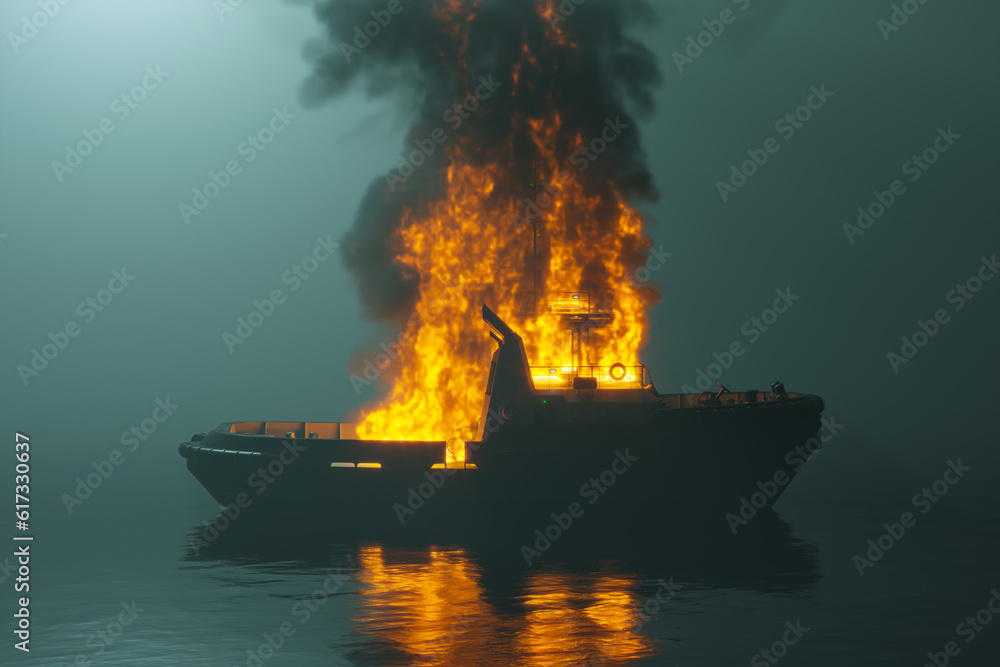Tugboat on Fire in Foggy Maritime Catastrophe, Flames and Smoke. 3D Rendering