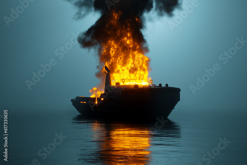 Tugboat on Fire in Foggy Maritime Catastrophe, Flames and Smoke. 3D Rendering