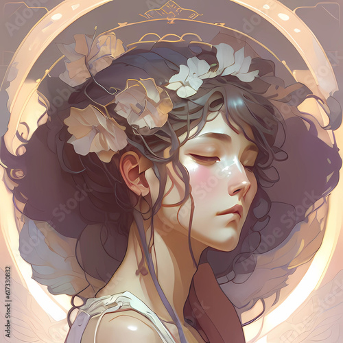 angelic portrait of a black haired woman in art nouveau style with flowers in her hair, Generative AI
