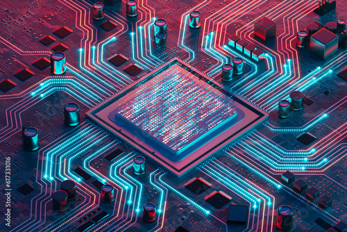 Data flow in a motherboard in pc. Processor among circuits and electronics. CPU