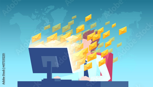 Vector of an overwhelmed business man sitting at desk going through many emails
