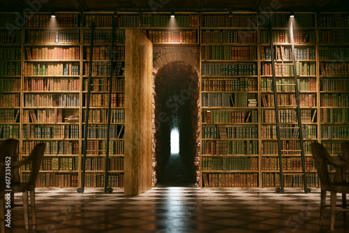 Vintage wooden library, surrounded by towering shelves of books