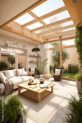 3D rendering Living Room and Garden Concept, Indoor-Outdoor Living with a Harmonious Blend of Nature and Interior Design, Creating a Tranquil Retreat for Relaxation and Entertainment