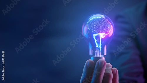 Businessman shows AI brain in glowing light bulb, Artificial intelligence, chat bot, machine learning concept, big data, cloud computing, computer network and futuristic innovation technology