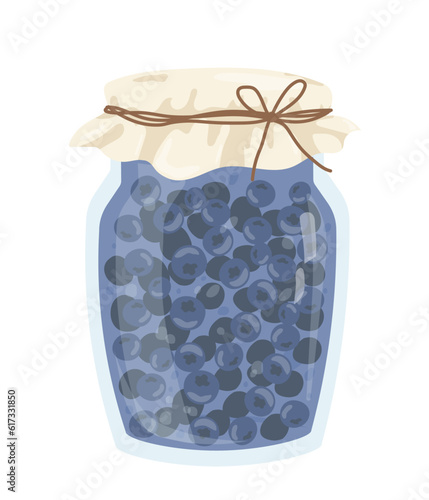 Glass jar with blueberry jam concept. Canned food, berries with sugar. Natural and organic eating. Sticker for social networks. Cartoon flat vector illustration isolated on white background
