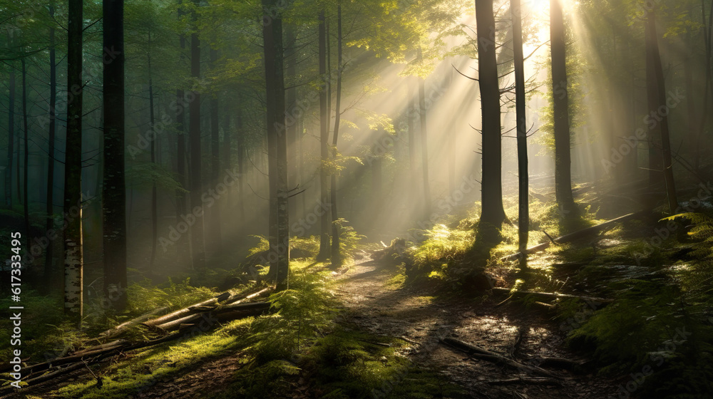 森の木々の間から差し込む早朝の太陽の光の風景　Generative AI