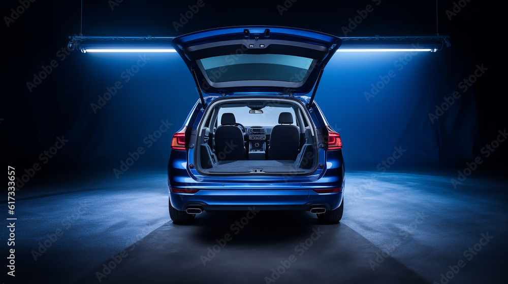 Huge, clean and empty car trunk in interior of compact suv. Rear view of a bleu SUV car with open trunk. Generative AI - obrazy, fototapety, plakaty 