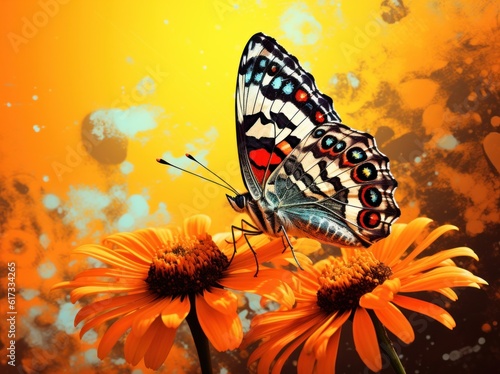 Orange butterfly sitting on flower. Illustration AI Generative.