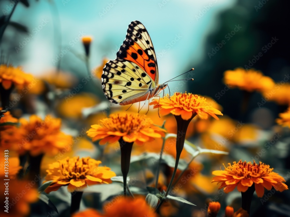 Orange butterfly sitting on flower. Illustration AI Generative.